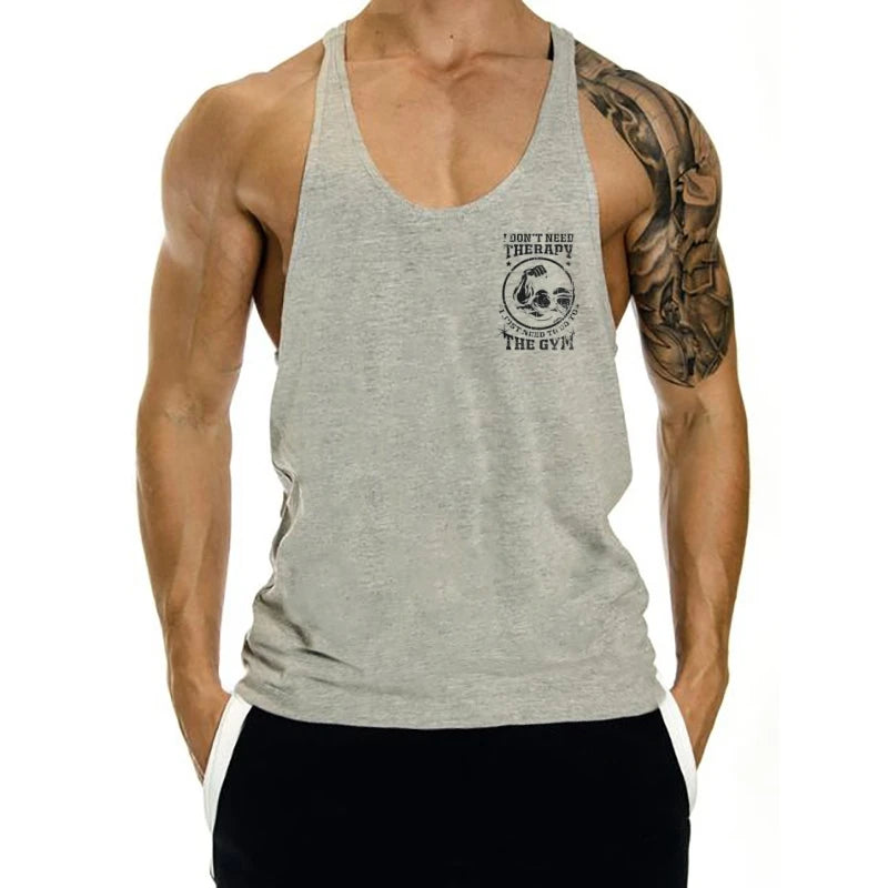 Men's "I don't need therapy, just the gym" Muscle Graphics Stringer Vest-Sleeveless Fitness, Bodybuilding and Plus Size Exercise