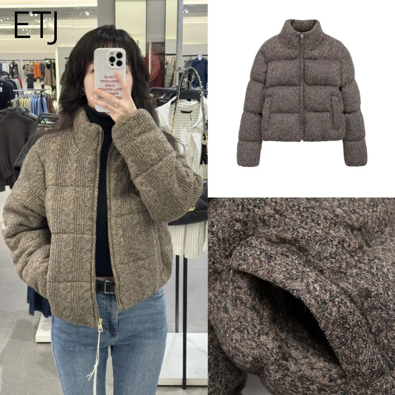 ETJ 2025 Winter new  women's fresh and elegant white turtleneck knitted thick cotton jacket warm bread jacket 6318229 ATFH