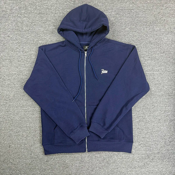 High Quality Cotton Men Women Couple Blue Black Gray Zipper Coats Hooded Simple Small Letters Logo Print PATTA Zip Hoodie Tag - ATFH
