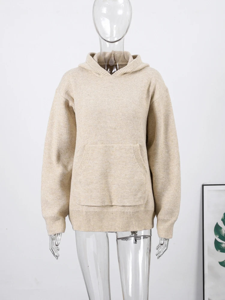 Casual Hooded Sweater Pullover Women's Loose Full Sleeves Knitted Coats With Pockets 2025 New Autumn Winter Ladies Solid Outwear - ATFH