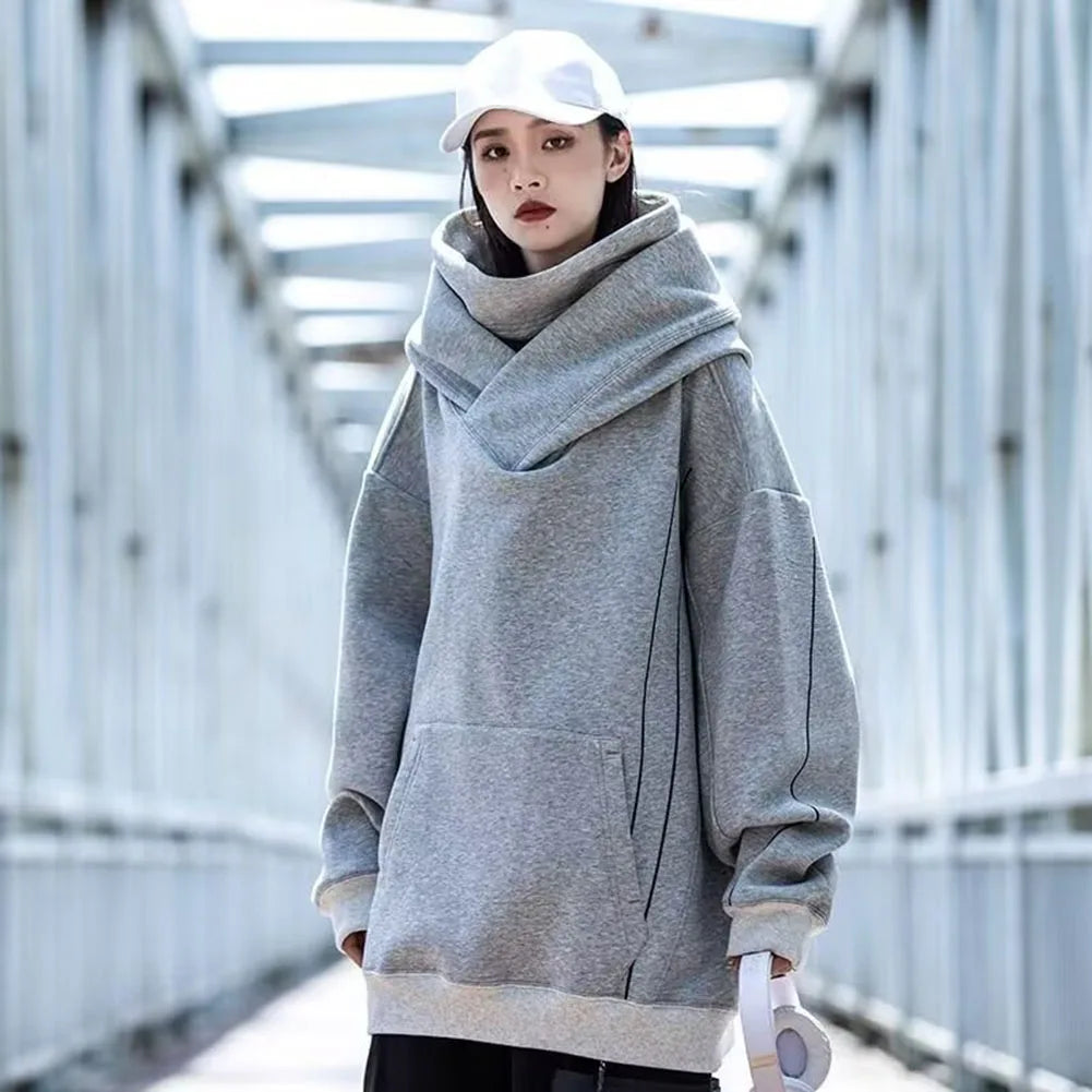 Men's Casual Hooded Turtleneck Sweatshirt Japanese Retro Y2K Style Loose Fit Pullover Long Sleeve for Spring Autumn Season - ATFH