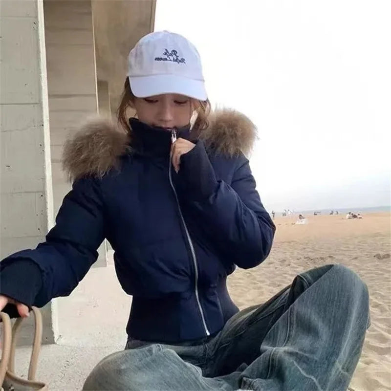 Korean Cotton Jacket Women's Short Winter 2026 New Item Small Cotton Jacket Big Fur Collar Waist Slimming Cotton Jacket Pink