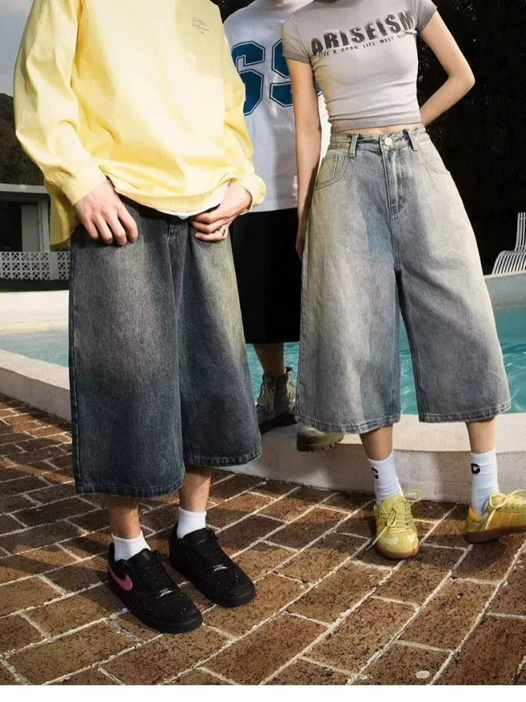 Wide-leg Seven-point Denim Shorts Men's 2025 Summer New High-end Fashion Brand Straight Casual Pants Man Jeans Y2k Clothes Baggy ATFH