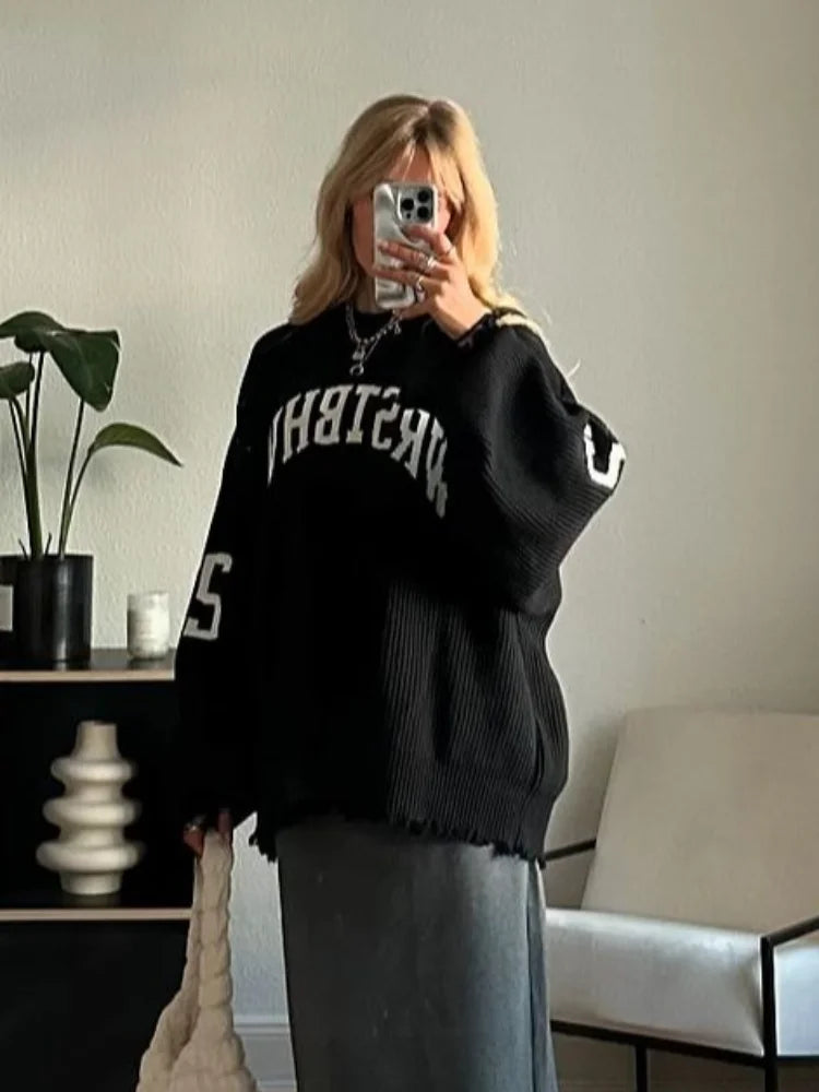 Fashion Letter Printing Knit Sweater For Women Casual O-neck Distressed Hem Oversized Pullover Lady 2025 Autumn Streetwear Tops - ATFH