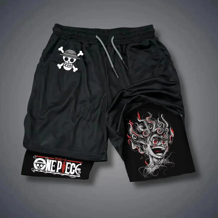 Bandai One Piece Luffy Printed Double-layer Shorts, Loose Men's and Women's Summer Sweat-wicking and Breathable Sports Shorts