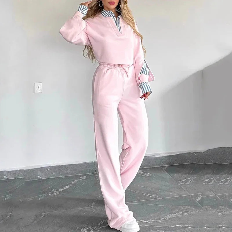 Casual Pink Sports Pants Set Women Hooded Pullover Long Sleeve Top Elastic Waist Drawstring Straight Trousers Autumn Outfits