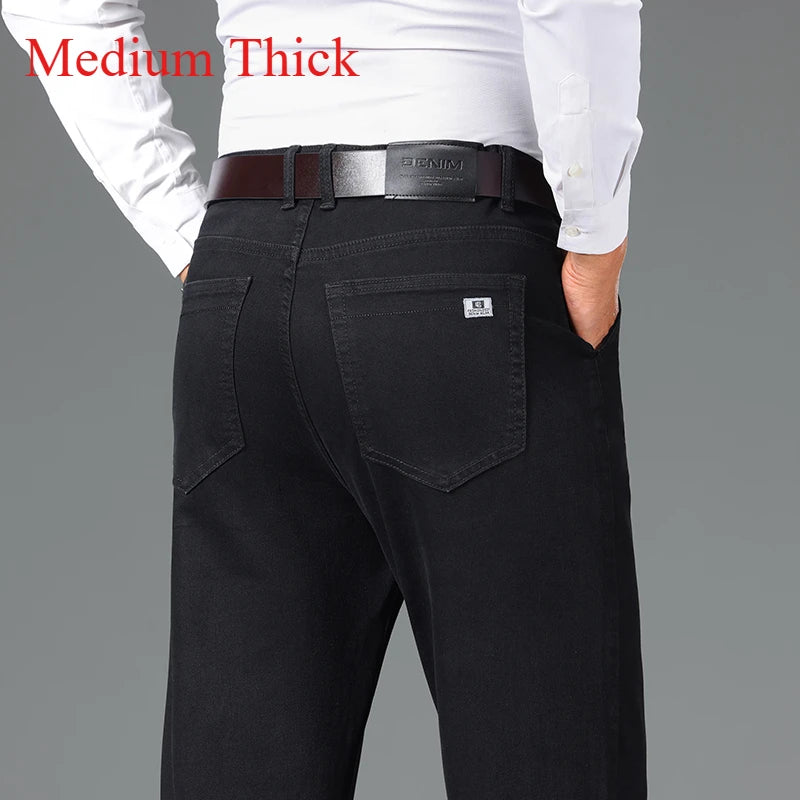 2024 Brand Thin or Thick Material Men's Elastic Cotton Jeans Fashion Gray Comfortable Denim Business Casual High Waist Pants ATFH