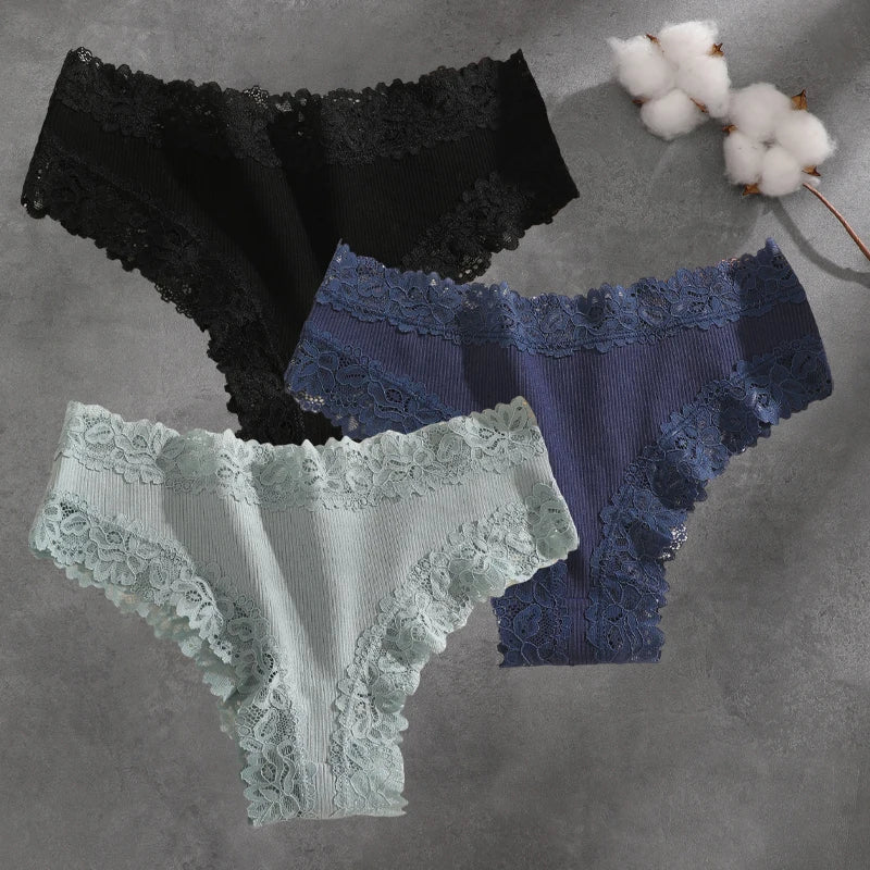 3Pcs Cotton Lace Patchwork Bikini Panties Women Seamless Floral Print Brazilian Pants Low Waist Breathable Female Sexy Lingerie