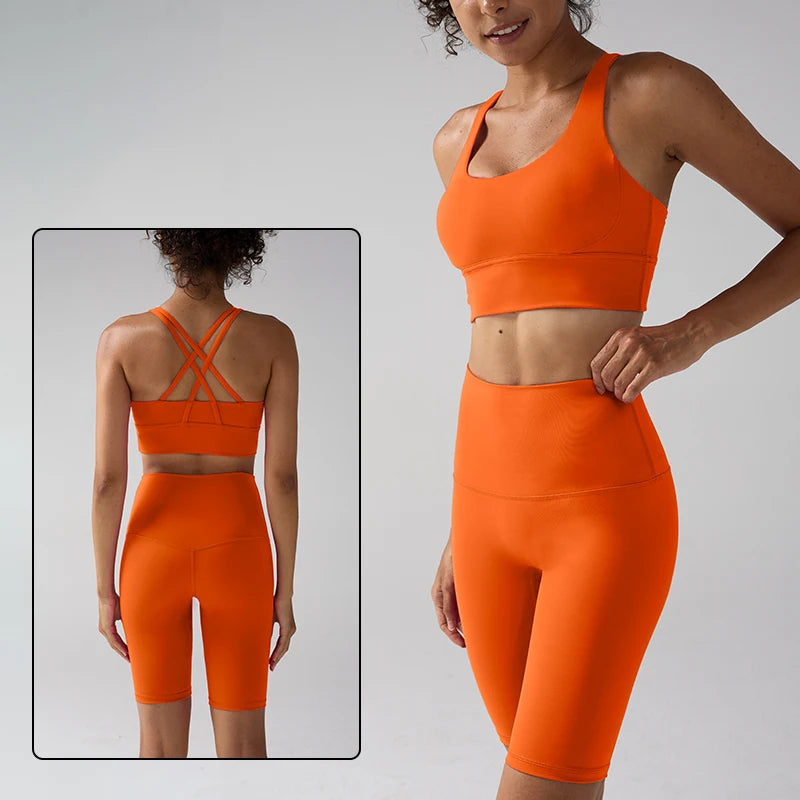 Women's 2 Piece Yoga Gym Sports Clothes Set Cross Back Bra Top with High Waist Shorts Fitness Running Workout Tracksuit - ATFH