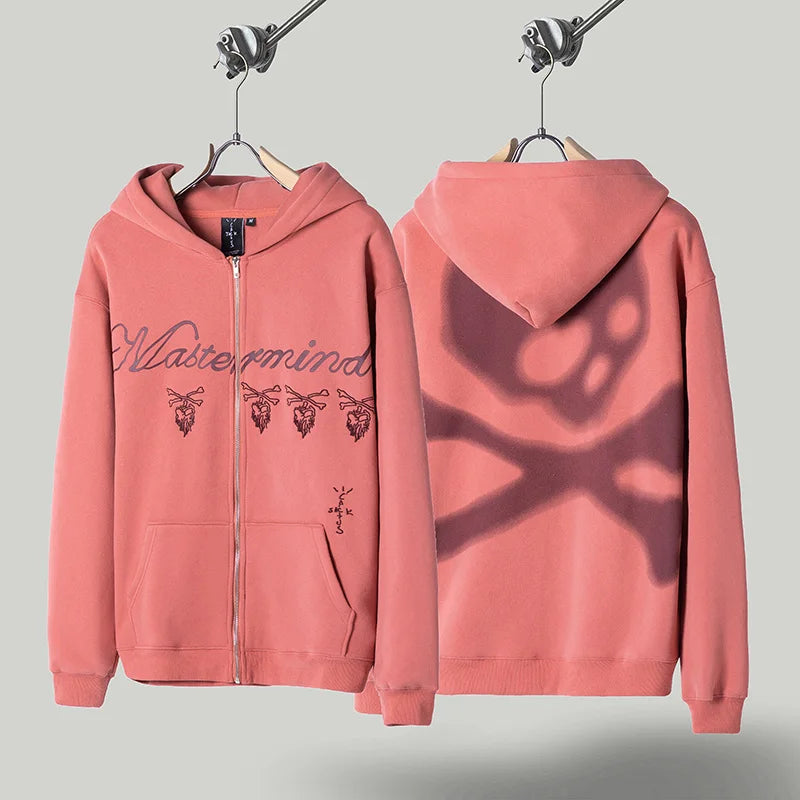 Cactus Jack Hoodies High-quality Casual Loose Skull Print Zipper Hooded Sweatshirt Jackets for Men Women Harajuku Streetwear - ATFH