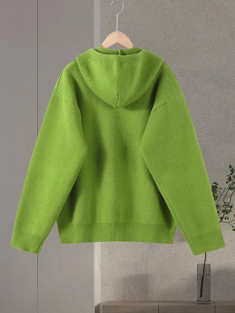 Fashion Green Knit Hooded Sweater Women Loose Long Sleeve Pocket Female Sweaters 2025 Autumn Winter New Lady Warm Pullovers - ATFH