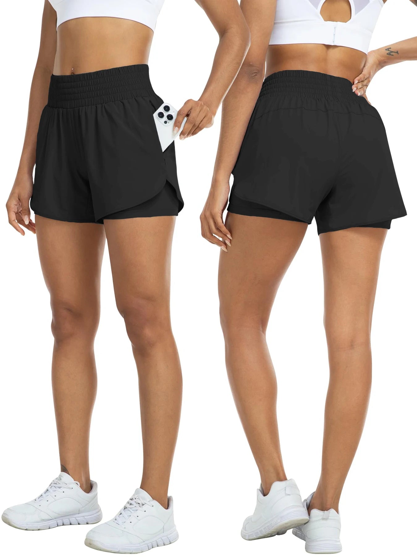 Women's high-waisted athletic shorts for running, yoga, layered design, anti-exposure, fitness, and workout with pockets Tahsi Fashion House