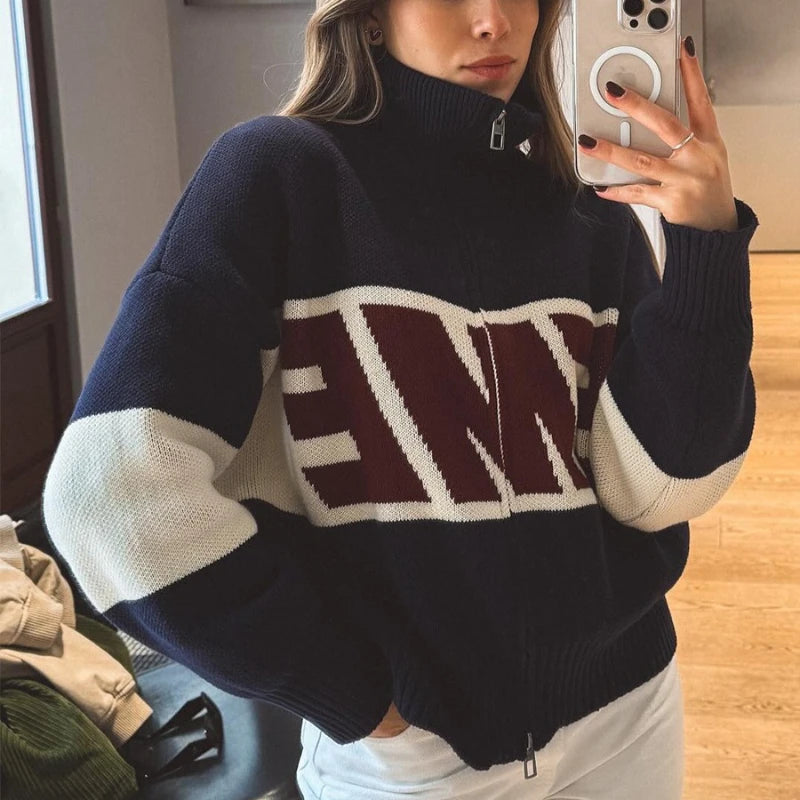 Autumn/Winter Collar Letter Color Blocked Zipper Sweater Women Fashion Soft Sticky Knitted Top  Sueter Mujer Jumper Pullover New - ATFH