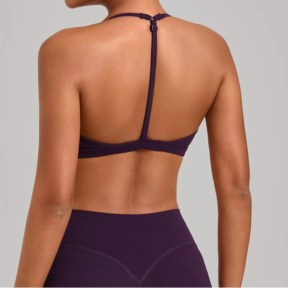 VEQKING Easy Lift Women Sports Bras Ultra Minimal Yoga Crop Tops V Neck Gym Fitness Bras Adjustable Straps Padded Workout Tops - ATFH
