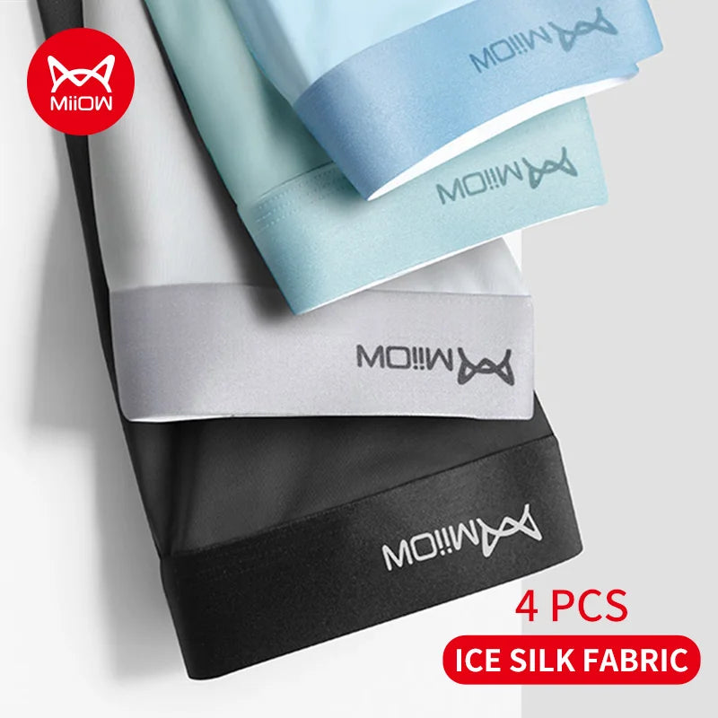 MiiOW 4Pcs Ice Silk Men Boxer Shorts Graphene Antibacterial Men Underwear Man Underpants Seamless Breathable Mens Panties L-5XL