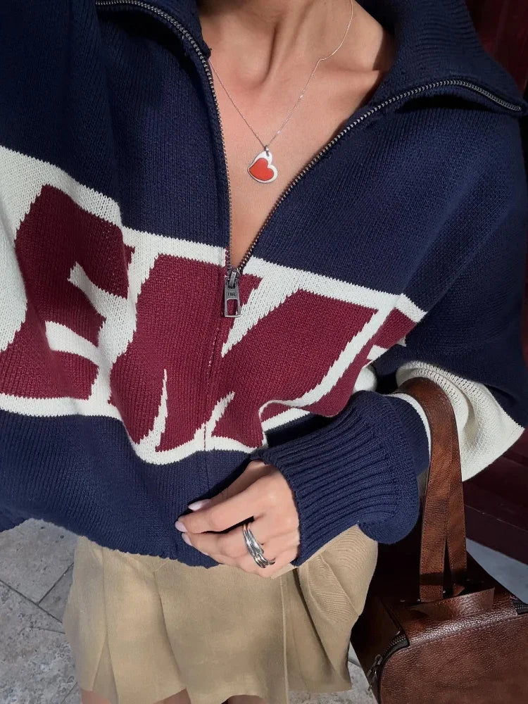 2026 Letter Printed Sweater Zipper Coats Women Elegant Stand Collar Lantern Long Sleeve Loose Fitting Cardigan Chic - ATFH