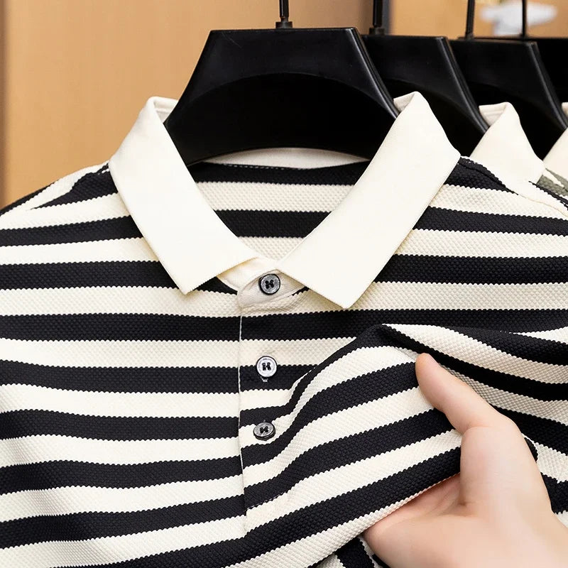 Men Striped Short Sleeve Polo Shirt Casual Breathable Waffle Knit Summer Classic Fashion Business Top