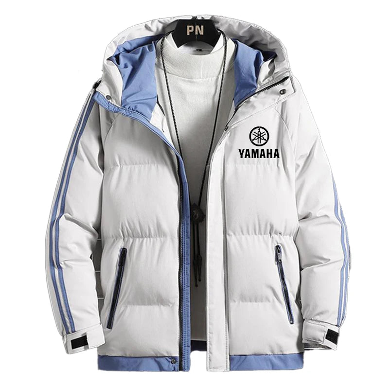 Yamaha's new men's hooded thick winter warm-up cotton coat for outdoor fashion, casual and sporty wear with zipper. Men's coat.