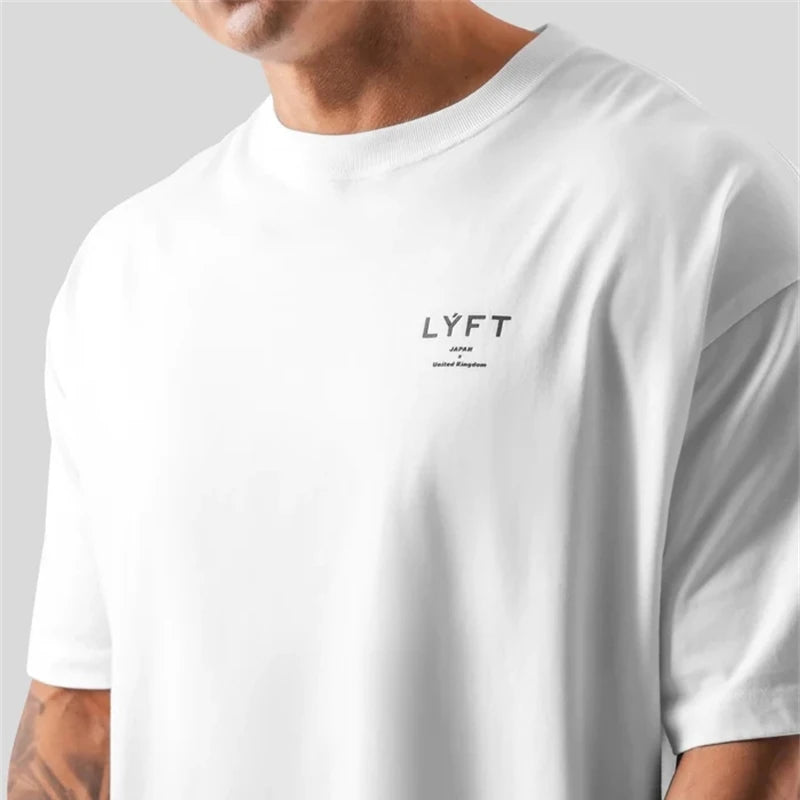 ONE POINT LYFT Print Big T Shirt Men Running Sport Gym Fitness Training Oversized 100% Cotton T-shirt Mens Bodybuilding Tee Tops ATFH