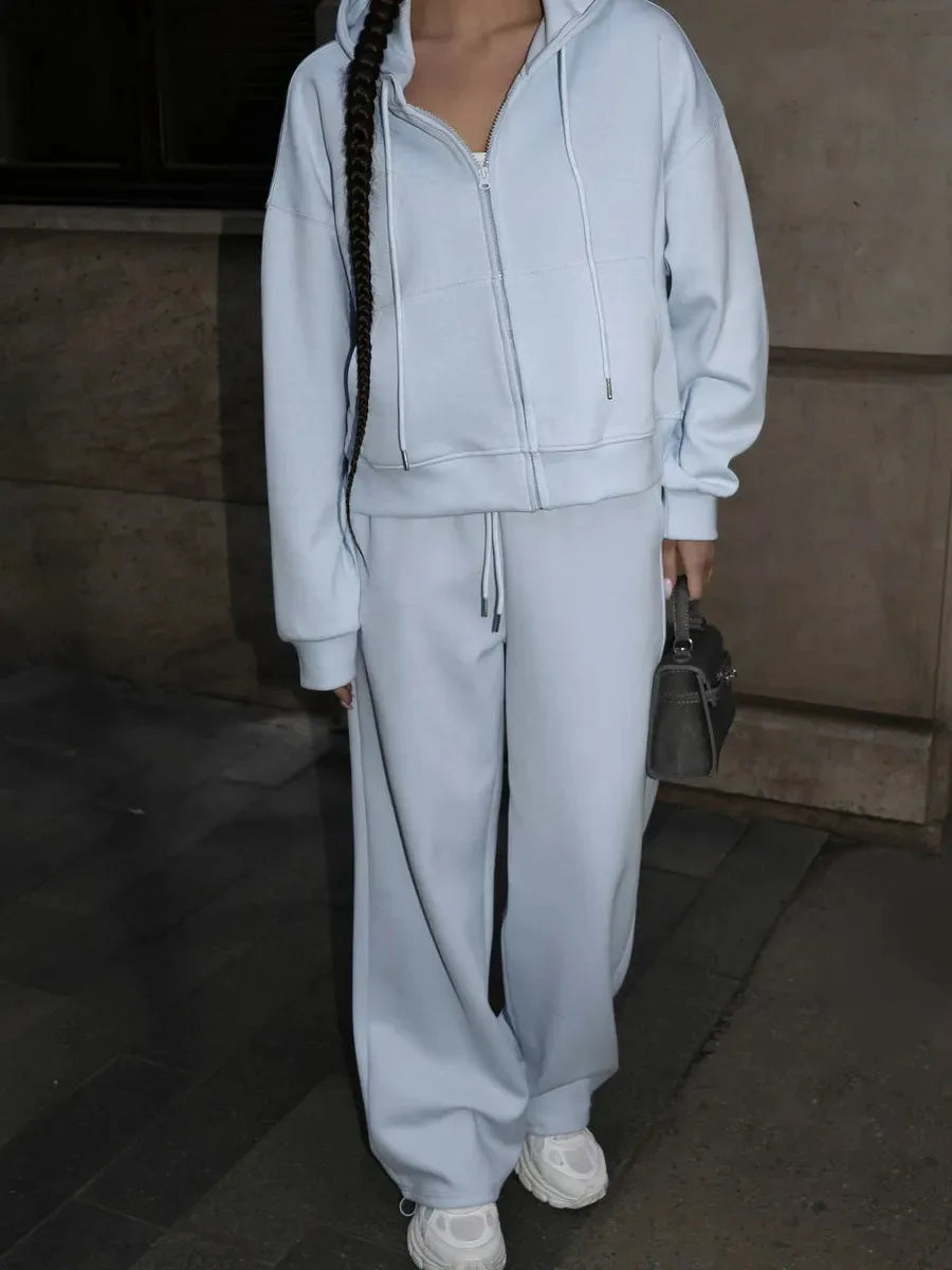 Cotton Hoodies Sweatshirt Two-piece Suit Women Casual Sports Sets Autumn Zip-up Short Coat Straight Trousers Loose 2-piece Sets