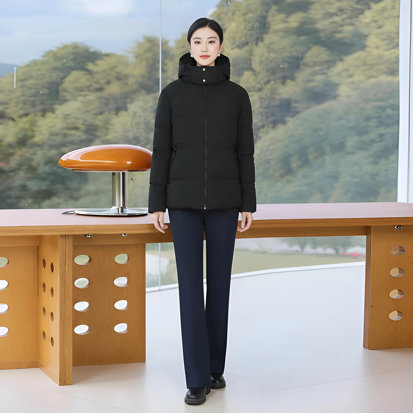 Women's Hooded Jacket with White Duck Down Liner, Three-Proof Fabric Windbreaker