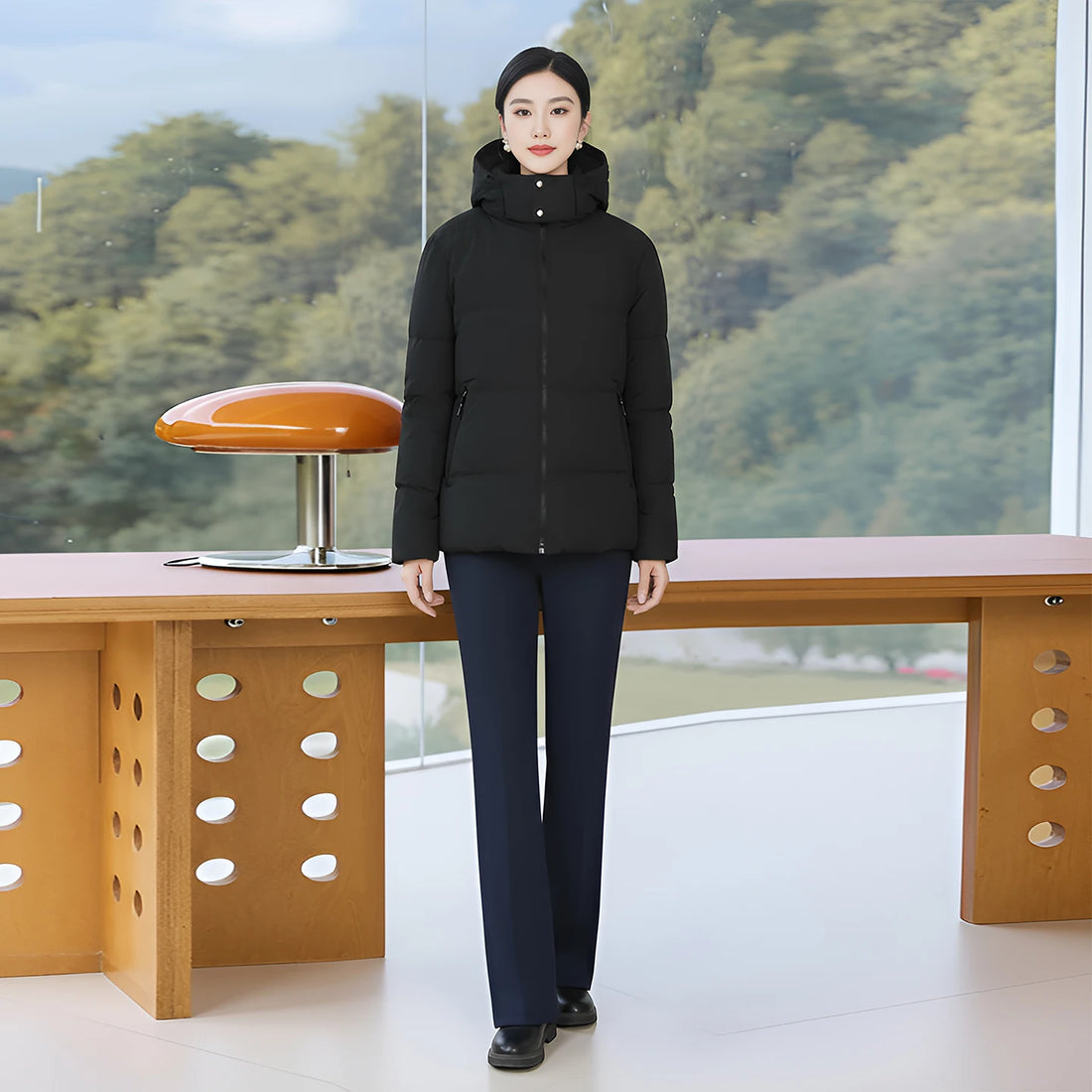 Women's Hooded Jacket with White Duck Down Liner, Three-Proof Fabric Windbreaker