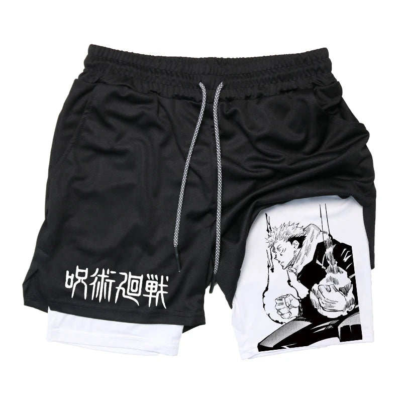 Anime Graphic 2 in 1 Compression Shorts for Men GymQuick Dry Activewear Workout Running with Phone Pockets Athletic
