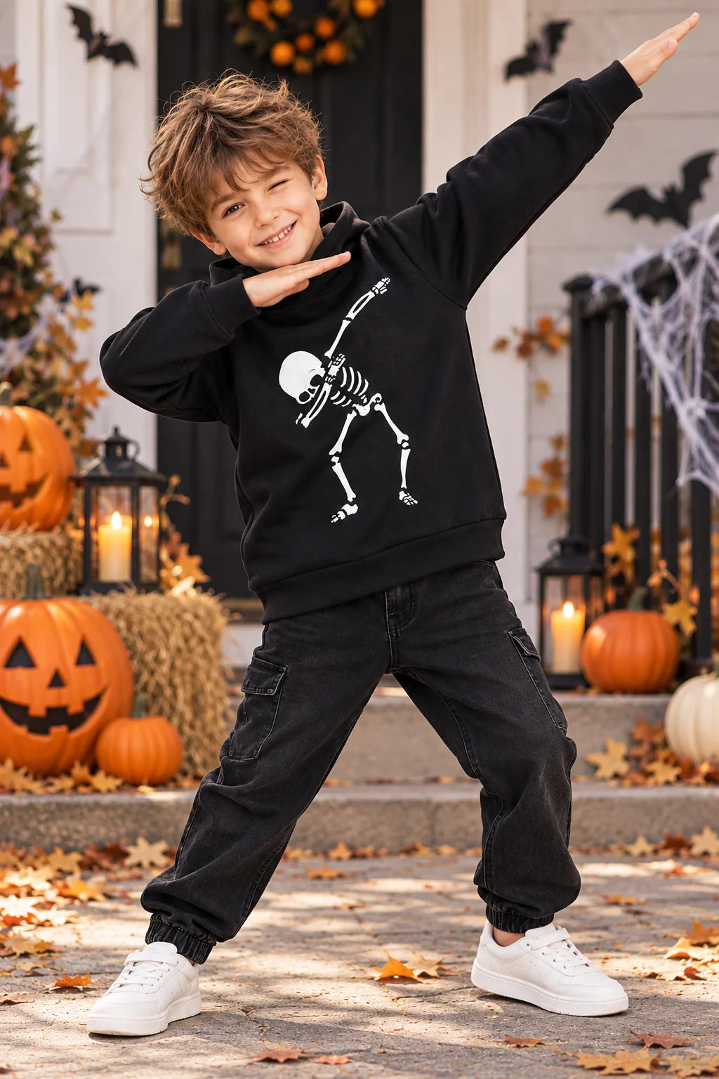 Kids Halloween Skeleton Hoodie Black Fleece Pullover Sweatshirt, Skull Graphic Hooded Top for Boys Girls, Fall Winter Casual Cos