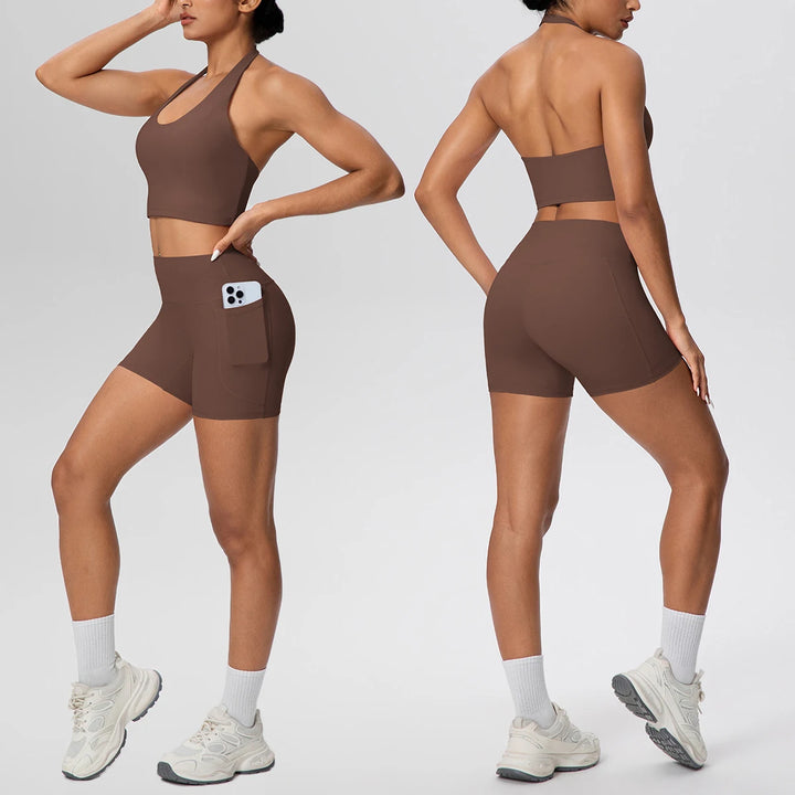 2PCS Women Yoga Set Solid Color Beautiful Back Hanging Neck Bra with Chest Pad Quick-Dry Fitness Shorts With Pockets Yoga Set - ATFH