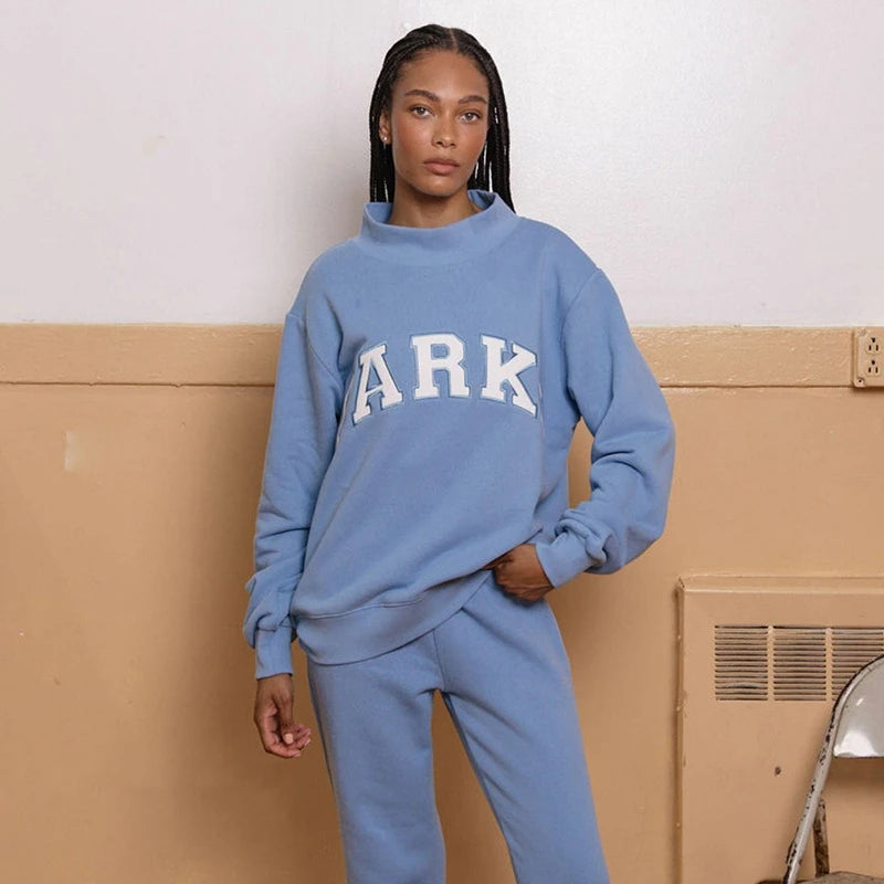 Pink Sweatshirt Women Comfortable Long Sleeve Sweatshirt Autumn Spring High Neck Loose Women's Letter Embroidery Hoodie Pullover - ATFH