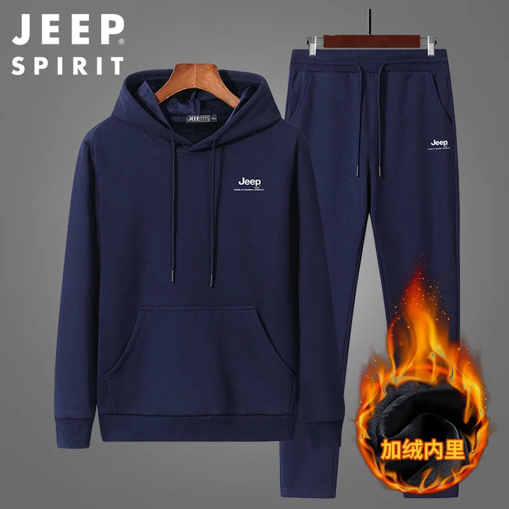 JEEP SPIRIT Suit Men Sweater Hoodie + Casual Trousers Sportswear Casual Autumn and Winter Plus Velvet Thick Warm Two-piece Set - ATFH