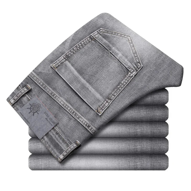2026 Cotton Stretch Jeans Business Casual Men's Thin Denim Jeans Grey Spring Summer Brand New Fit Straight Lightweight ATFH