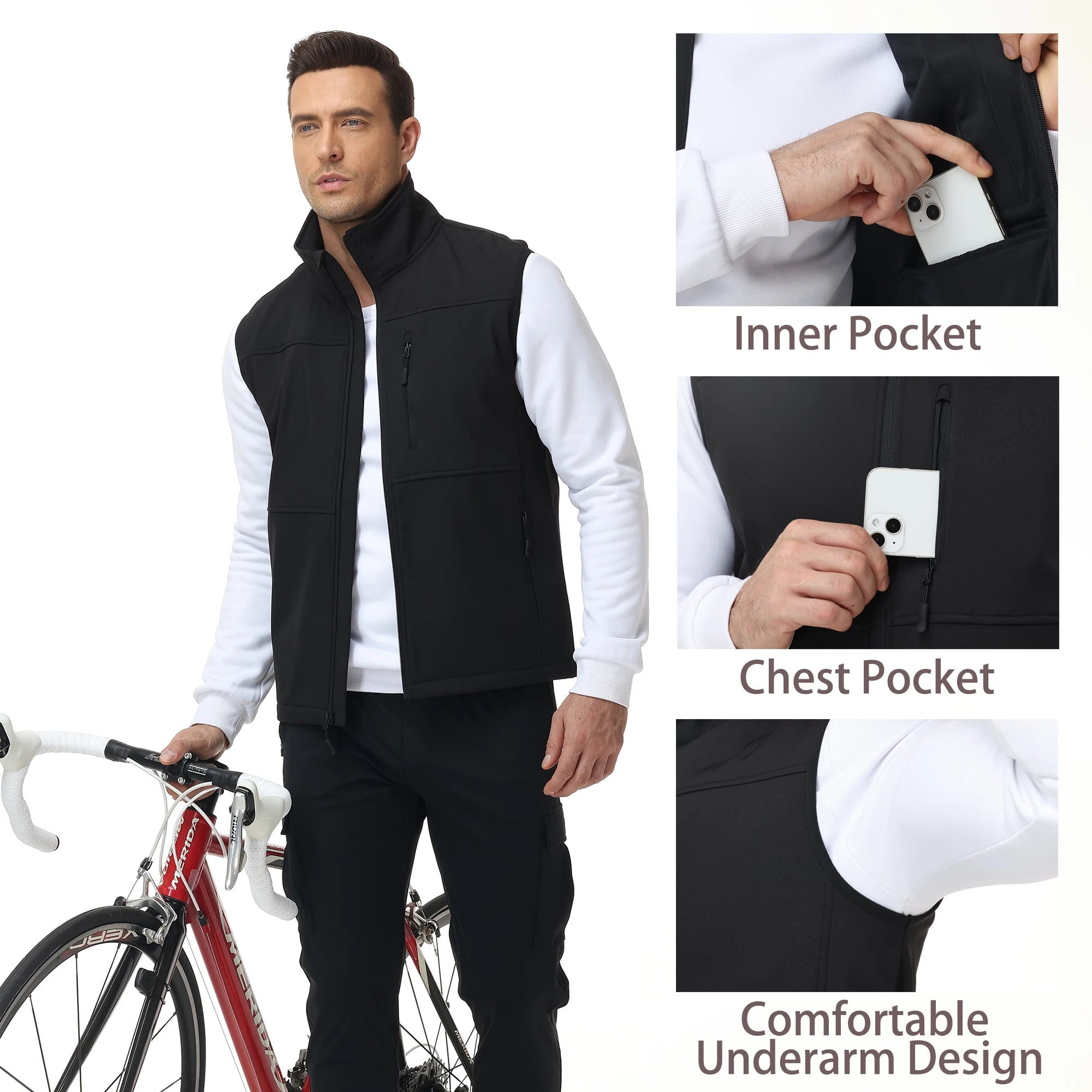 Men's Windproof Softshell Thick Vest, Comfortable Sleeveless Jacket Multi Pocket Sports Vest for Hiking Cycling