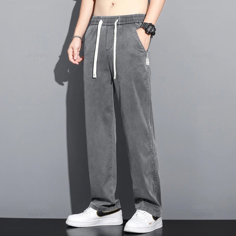 Summer Thin Soft Lyocell Fabric Jeans Men Loose Straight Wide Leg Pants Drawstring Elastic Waist Casual Trousers Plus Size M-5XL ATFH