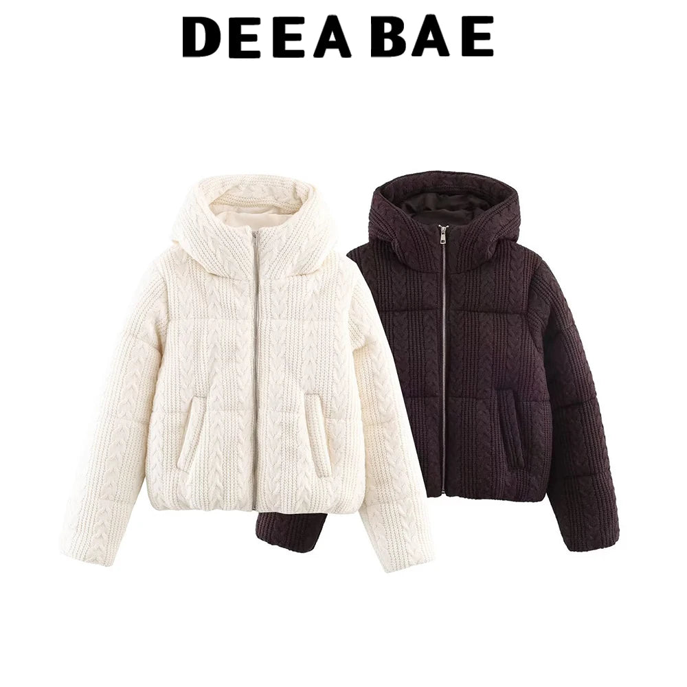 DEEABAE 2025 Winter New Arrival Commuter Stand-Up Collar Eight-Ply Knitted Hooded Thickened Cotton Jacket Coat for Women ATFH