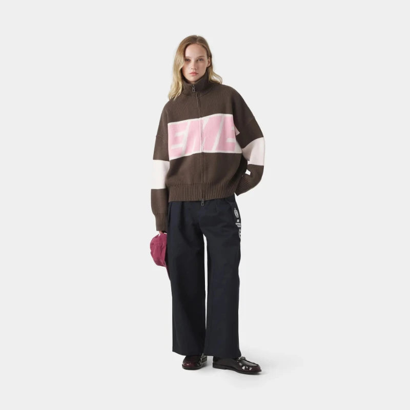 2026 Retro Spliced Zipper Knitted Sweater Women Fashion Stand Collar Long Sleeve Loose Short Cardigan Lady Y2k Letter Knitwear - ATFH
