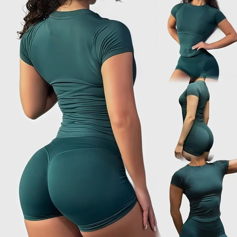 2 Piece Sports Set Women Gym Yoga Set Seamless Fitness Gym Clothes Sportswear Short Sleeve Top Sports Short Leggings Suit - ATFH