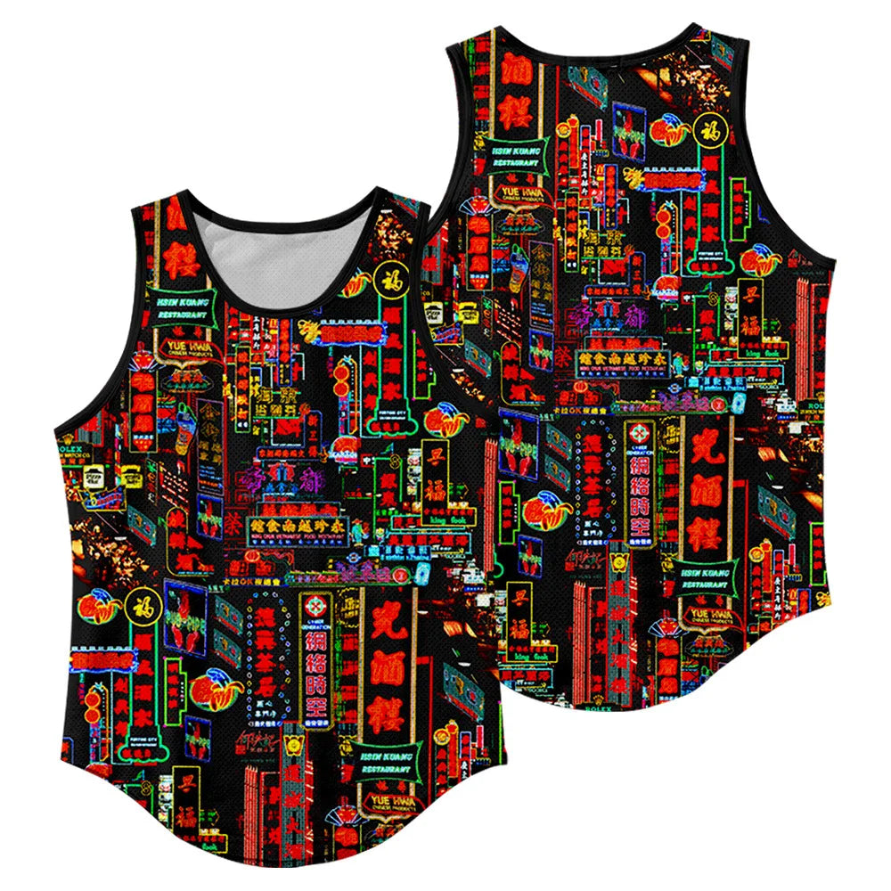 Summer Workout Black Print Sleeveless Beach Undershirt Vest Men Tank Top Gym Stringer Singlets Fitness Clothing