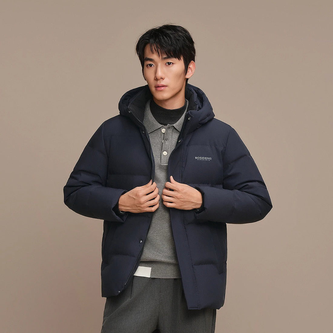 Bosideng Mens Short Hooded Down Jacket With Ribbed Cuffs High Neck And Double Placket For Windproof Warmth