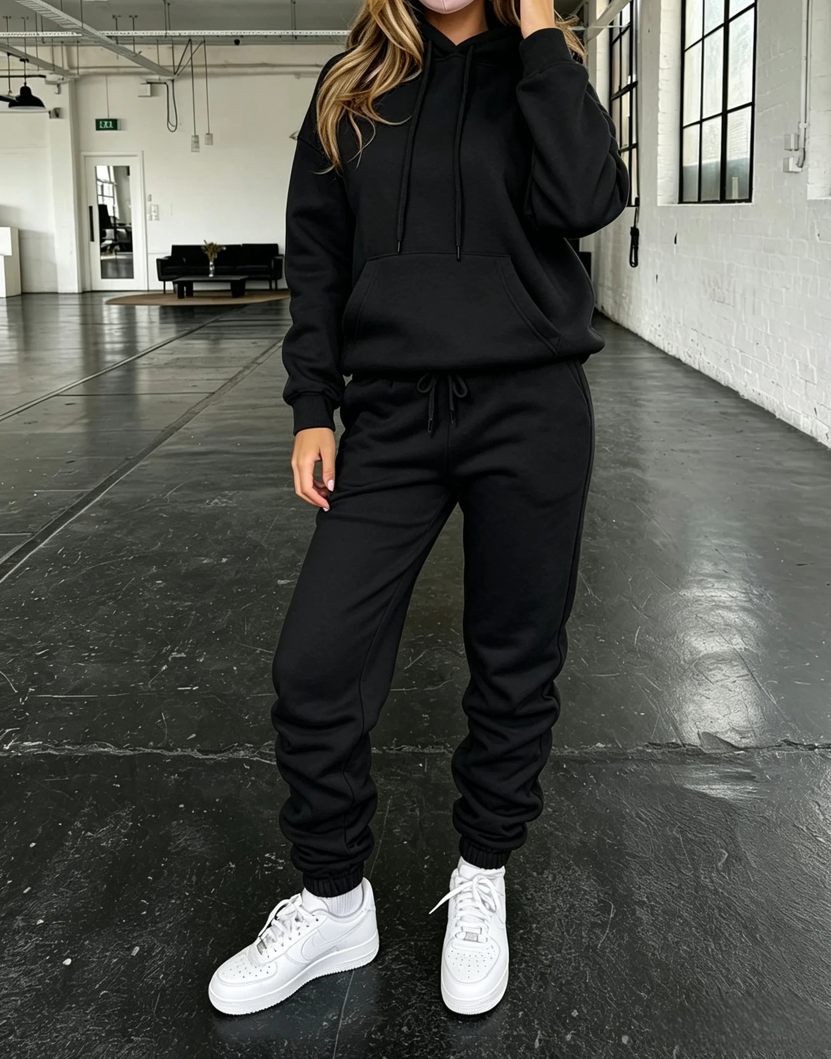 Women 2 Piece Tracksuit Solid Color Drawstring Hoodie & Jogger Pants Set Long Sleeve Loose Casual Sweat Suit Fall Winter Streetw