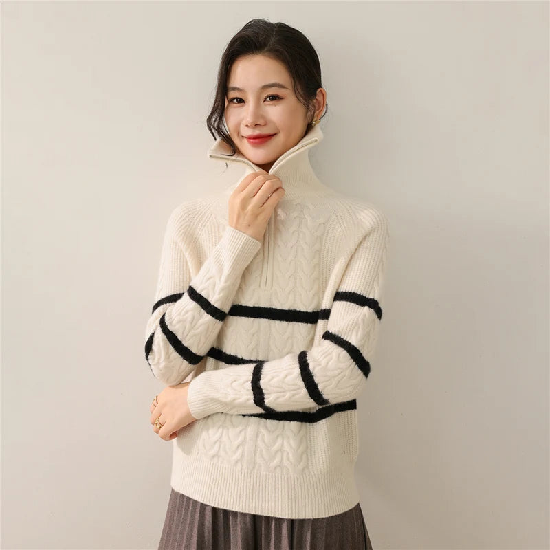 Autumn and winter new 100% pure wool high neck sweater women's casual knitted cashmere pullover loose hot selling women's top - ATFH