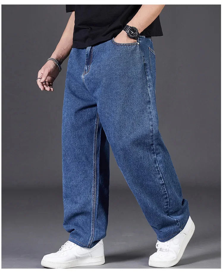 Men's Plus Size Jeans with Elastic Waistband Denim Trousers Male Straight Tube Breathable Loose Street Wear Casual Pants ATFH