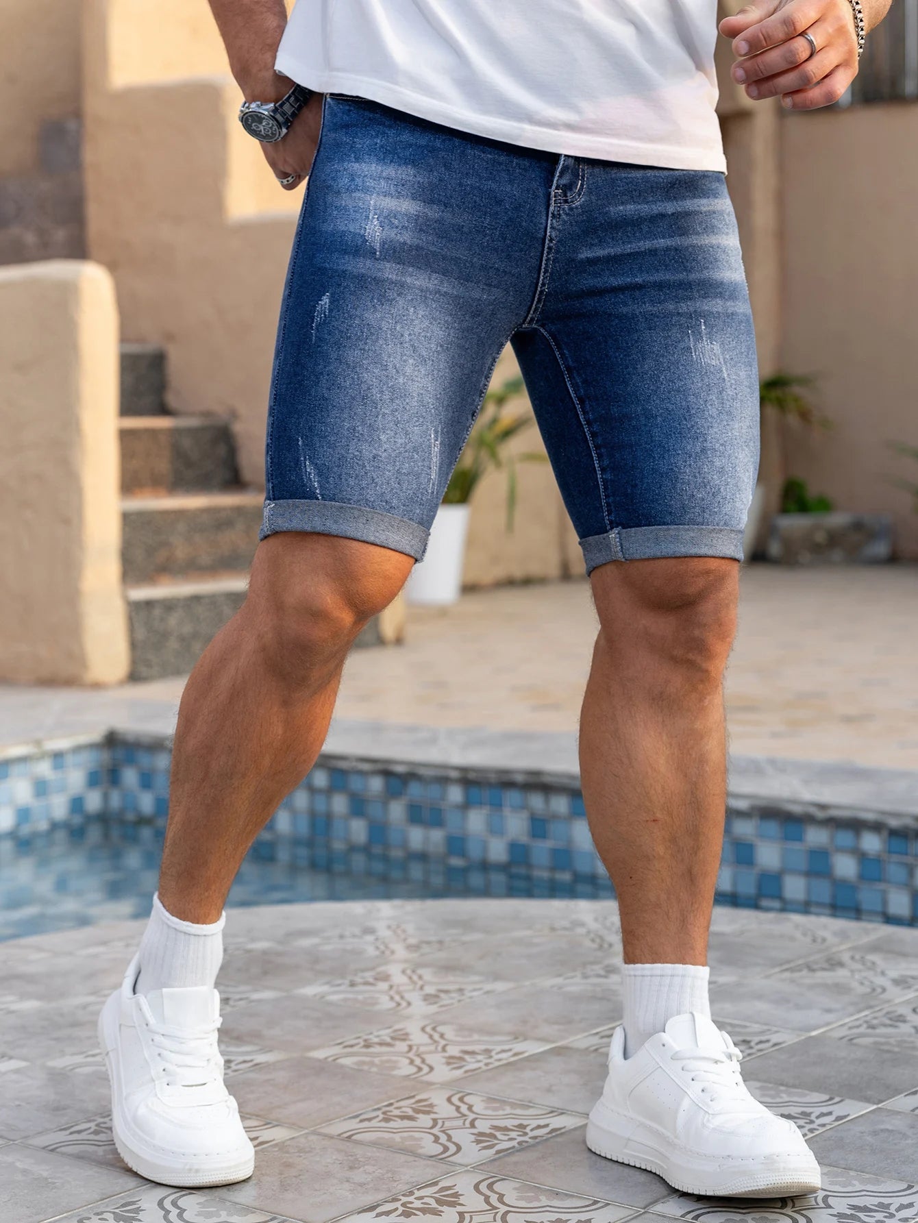 Men Denim Jeans Pants Clothing Trousers Shorts Men's Dark Wash Rolled Cuff Casual Denim Shorts ATFH