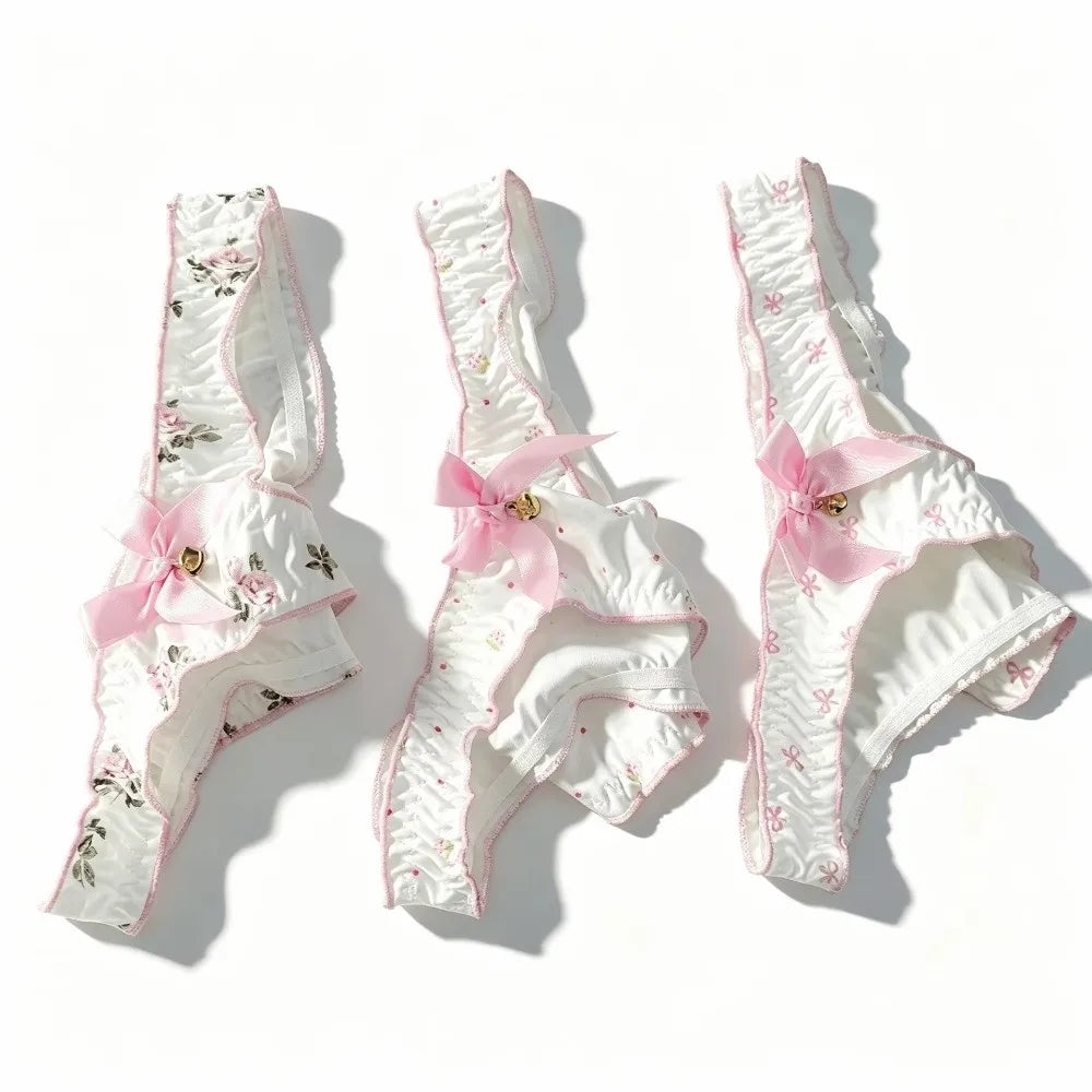 Japanese Style Sweet Bow Women Panties Ruffle Low Waist Girls Briefs Flower Ice Silk Printed Underwear Students