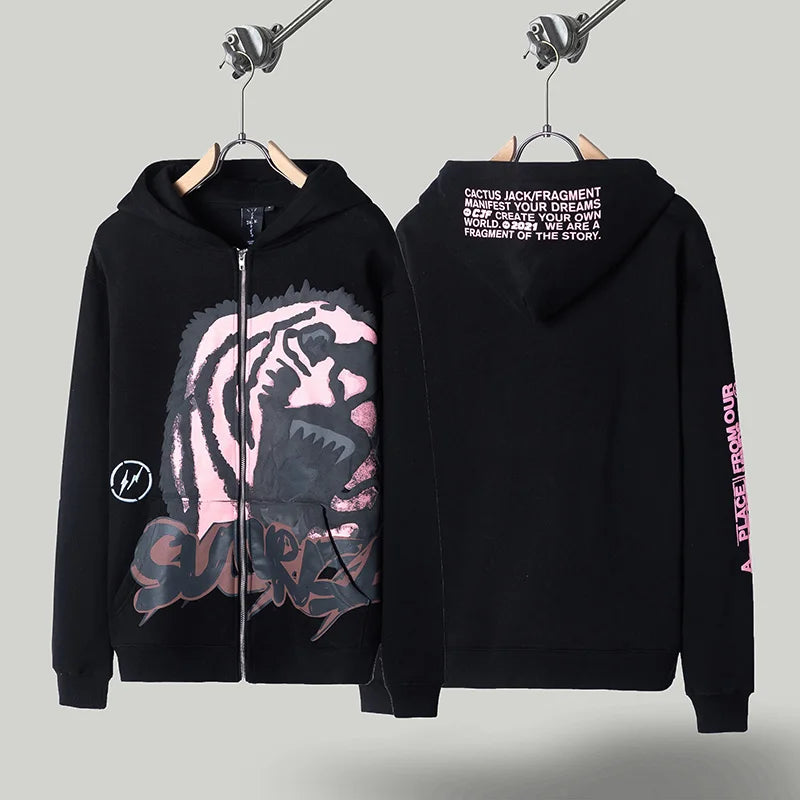 Cactus Jack Hoodies High-quality Casual Loose Skull Print Zipper Hooded Sweatshirt Jackets for Men Women Harajuku Streetwear - ATFH