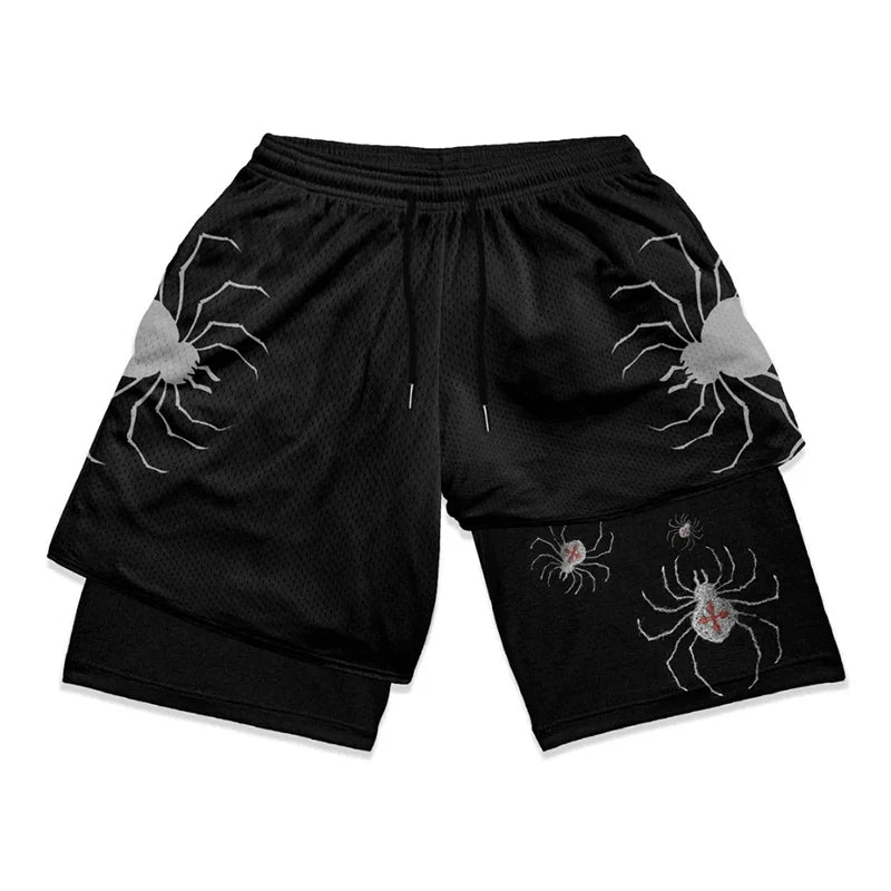 3D Print 2 in 1 Running Workout Shorts for Men Gym Compression Shorts with Side Pockets Summer Athletic Quick Dry Activewear