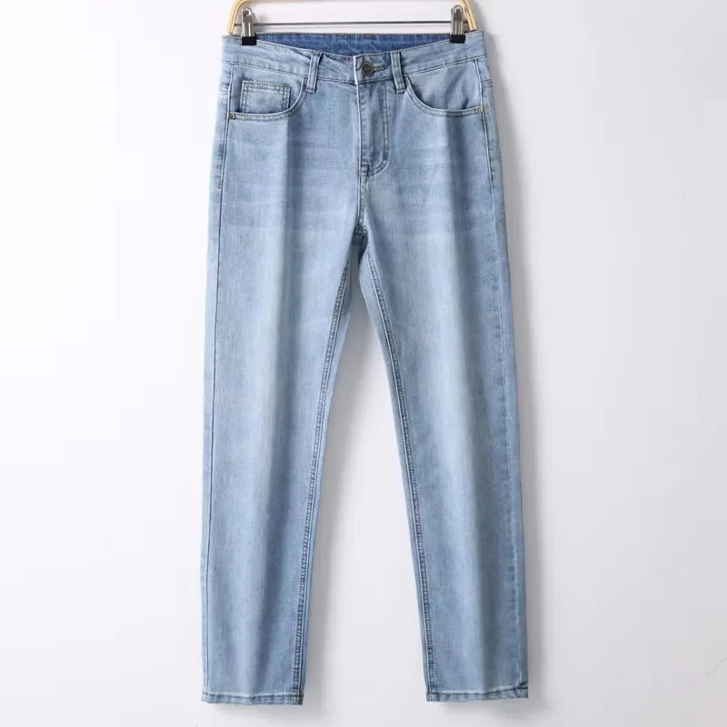 2026 Brand Top Classic Style Men Spring Summer Jeans Business Casual Light Blue Stretch Cotton Denim Male Trousers ATFH