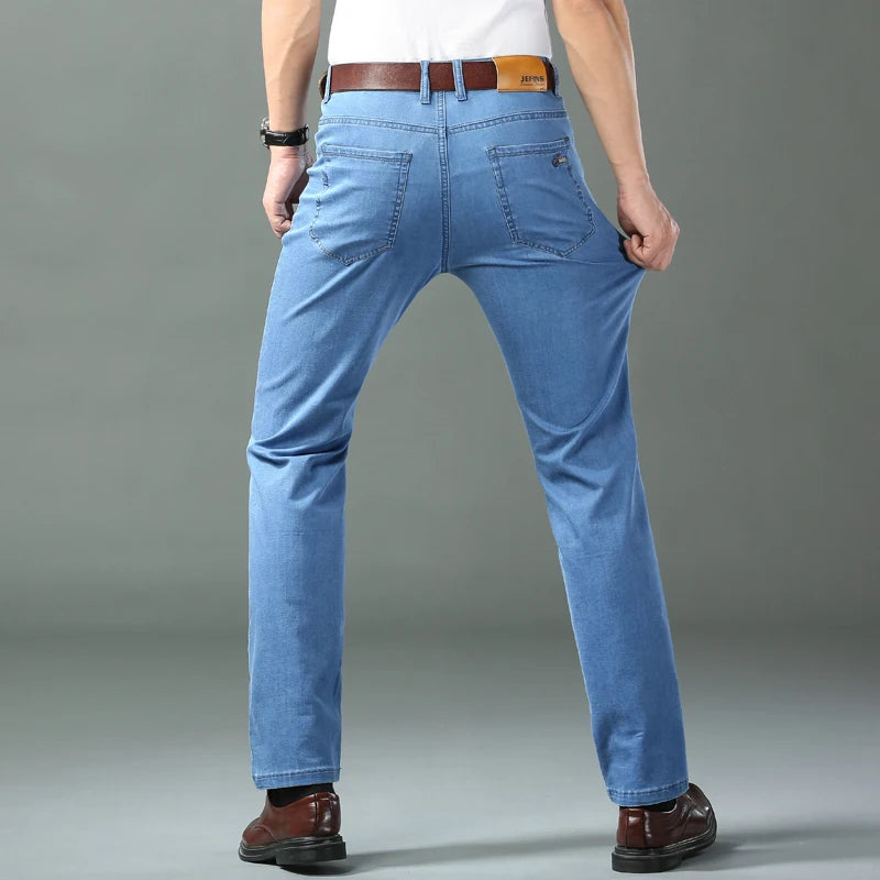 2023 Spring/summer Thin Denim Straight Cotton Stretch Jeans Men Business Casual Cloth  High Waist Ice Silk  Lightweight Trousers ATFH