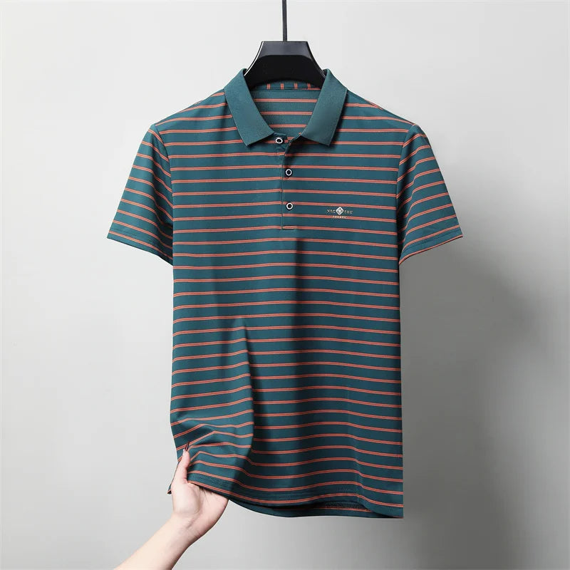 Luxury exquisite letter embosse short sleeve polo shirt new trend brand striped men's T-shirt premium silk cotton comfort top