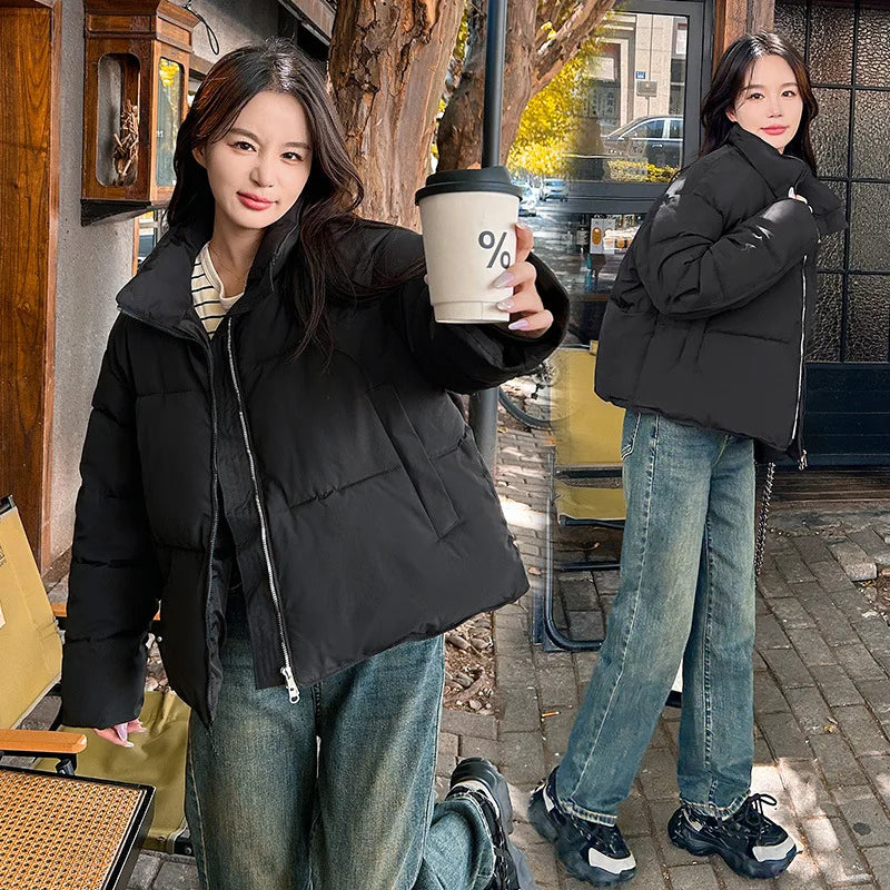 New Winter Women's Quilted Jacket Geometric Print Stand Collar Drawstring Puff Coat For Lady Korean-style Loose Female's Outwear ATFH